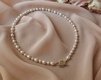 Bridal Pearl Necklace Toggle Clasp, Pearl Choker Wedding Pearl Jewelry Set, Gold Plated Bridal Earrings with Real Pearls