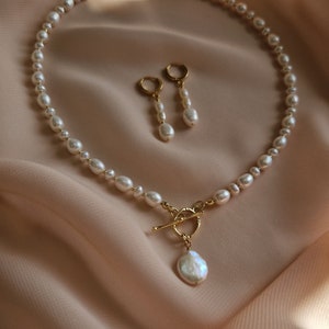 Natural Pearl Pendant Necklace and Earrings Set, Pearl Toggle Clasp Necklace and Pearl Drop Earrings, Bridal Jewelry Set with Pearls