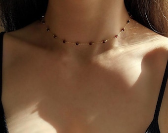 Natural Garnet Chain Choker Necklace, Gold Plated Necklace for Women