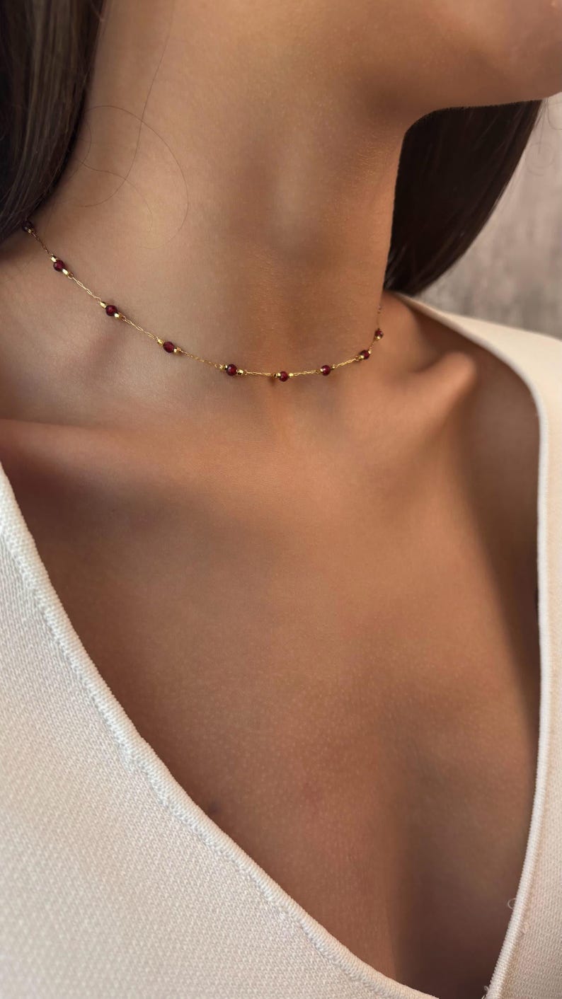 Natural Garnet Chain Choker Necklace, Gold Plated Necklace for Women image 7