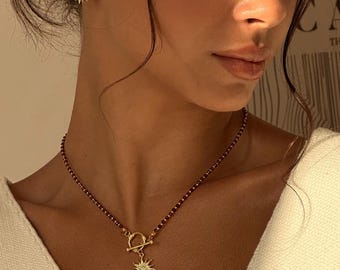Sun Pendant Garnet Choker Necklace with Toggle Clasp, Bohemian Celestial Jewelry, Birthstone Jewelry Gift for Her