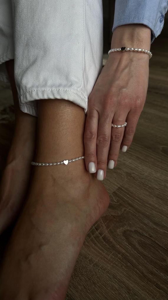 Dainty Pearl Anklet with Heart Charm, Bridal Anklet, Freshwater Pearl Anklet