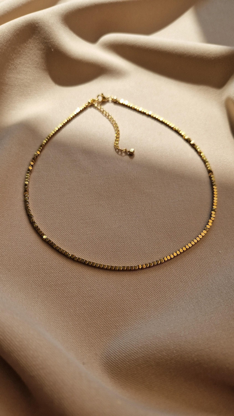 Golden Hematite Choker Necklace, Protective Gemstone Choker, Summer Beach Jewelry, Minimalist Aesthetics, Hematite Beads Dainty Choker image 8