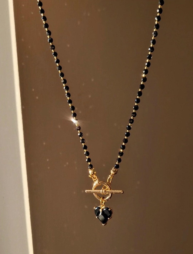 Black Spinel Necklace with Heart Pendant, Toggle Necklace for Women, Wife Anniversary Gift, Dainty Long Necklace, Gemstone Jewelry for Her image 2