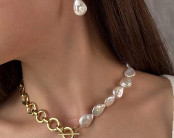 Baroque Pearl Necklace, Half Pearl Half Chain - Gold Toggle Clasp Bridal Jewelry Set