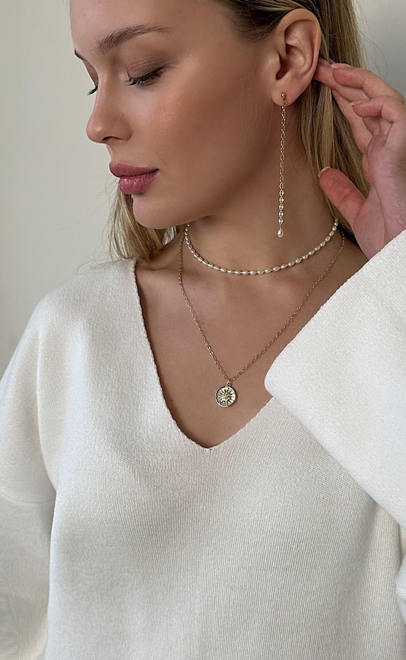 Layered Necklace Set - Pearl Choker and Sun Pendant Long Chain Necklace, Long Gold Earrings with Pearl, Dainty Jewelry for Her Birthday Gift