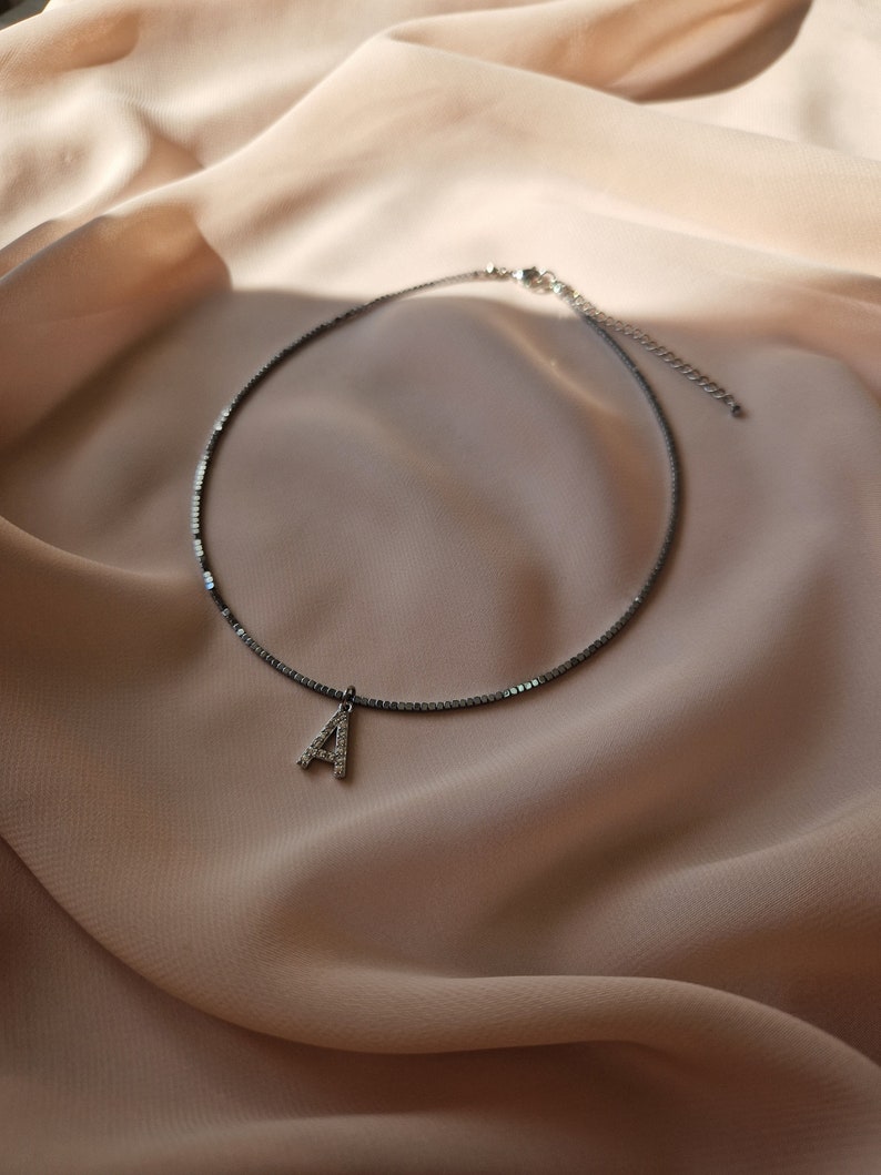 Silver hematite choker, Custom choker necklace, Dainty choker, Initial choker, Silver choker necklace, Minimalist choker, Name choker image 5