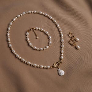 Real Pearl Pendant Necklace with Toggle Closure, Freshwater Pearl Bracelet, Gold Plated Pearl dangle Earrings, Genuine Pearls Jewelry Set