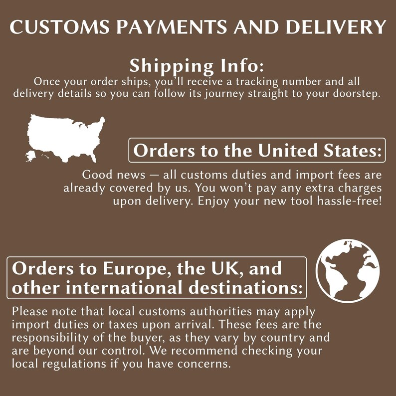 The image is a brown text-based collage that provides information about customs payments and delivery. It includes a map of the United States, a list of customs payment and delivery information, and a note about local customs authorities applying import duties or taxes upon arrival.