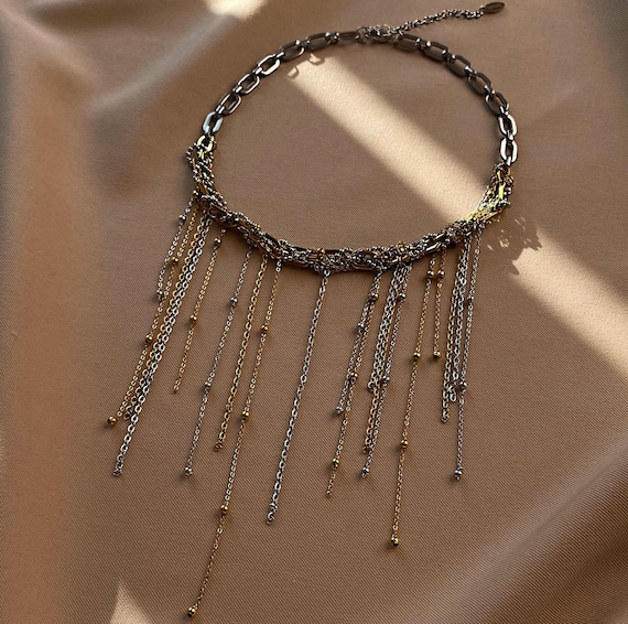 Mixed Metal Fringe Necklace, Two Tone Statement Choker & Rectangular Hoops
