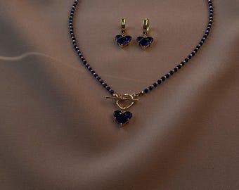 Heart Pendant Lapis Lazuli Necklace with Toggle Clasp, Dangle Heart Earrings