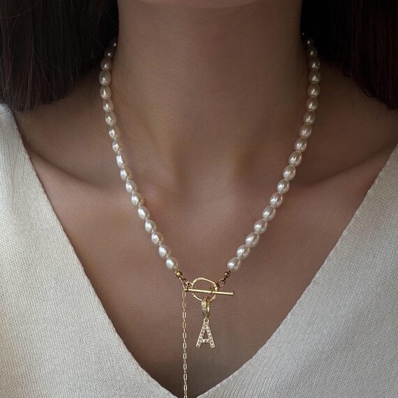 Letter pendant pearl necklace with toggle, initial pearl choker, monogram  necklace for girlfriend birthday gift for daughter, real pearls