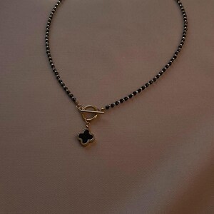 Clover Pendant Black Spinel Necklace with Toggle Clasp Cubic Zirconia Stones, Four Leaf Clover Spiritual Jewelry image 2
