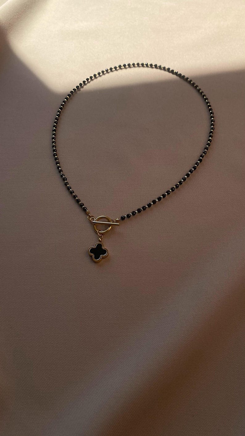 Clover Pendant Black Spinel Necklace with Toggle Clasp Cubic Zirconia Stones, Four Leaf Clover Spiritual Jewelry image 2
