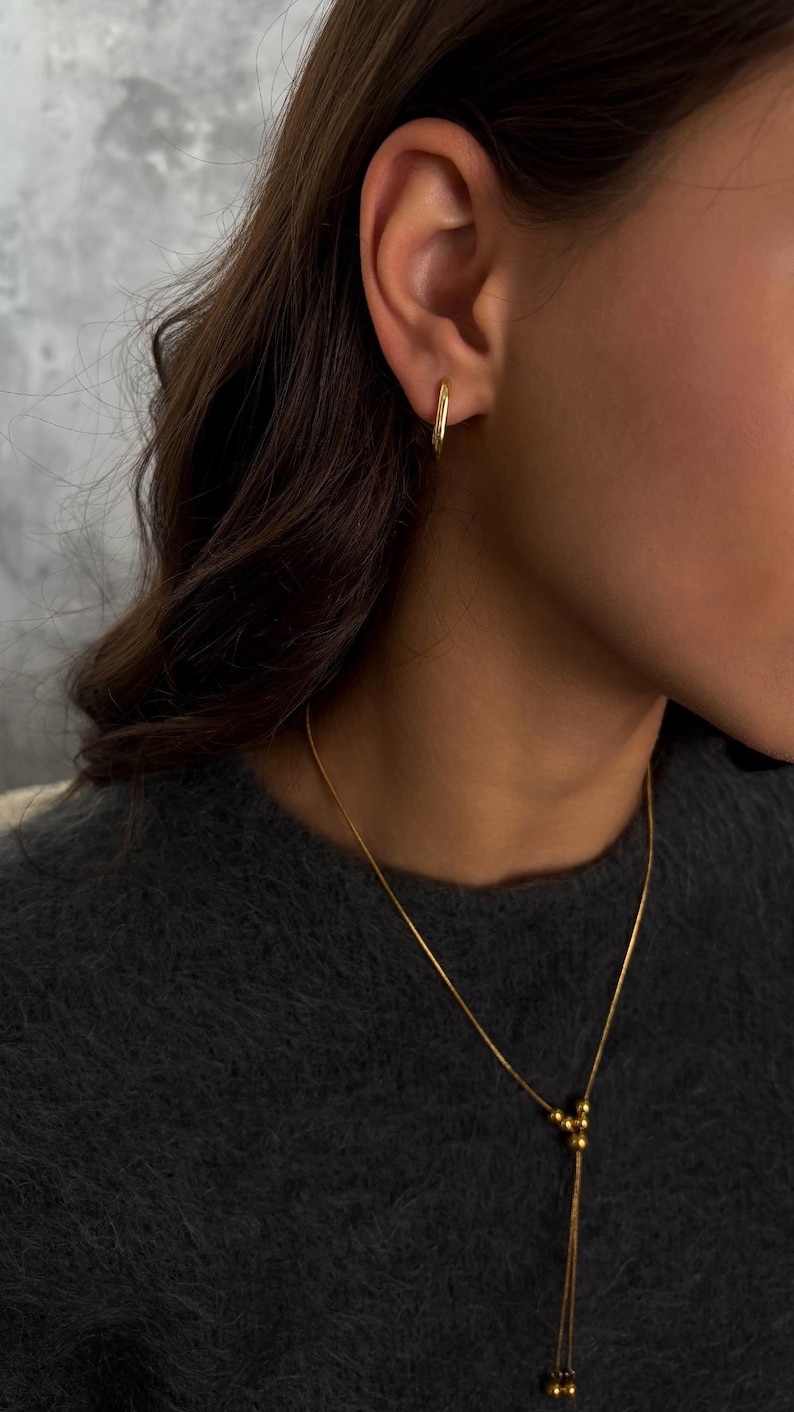 Adjustable Gold Lariat Necklace, Non Tarnish Bolo Tie & Hoop Earrings Set image 4