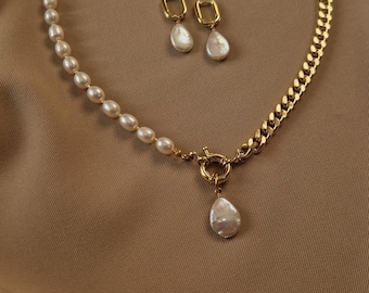 Pearl Chain Necklace Real Pearl Pendant Half Pearl Half Chain Necklace Freshwater Pearl Baroque Pearl Dangle Earrings Anniversary Gift Her
