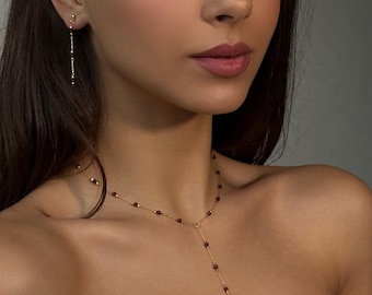 Conjunto de collar de granate en forma de Y, piedra natal de enero - Pendientes colgantes de lazo rojo