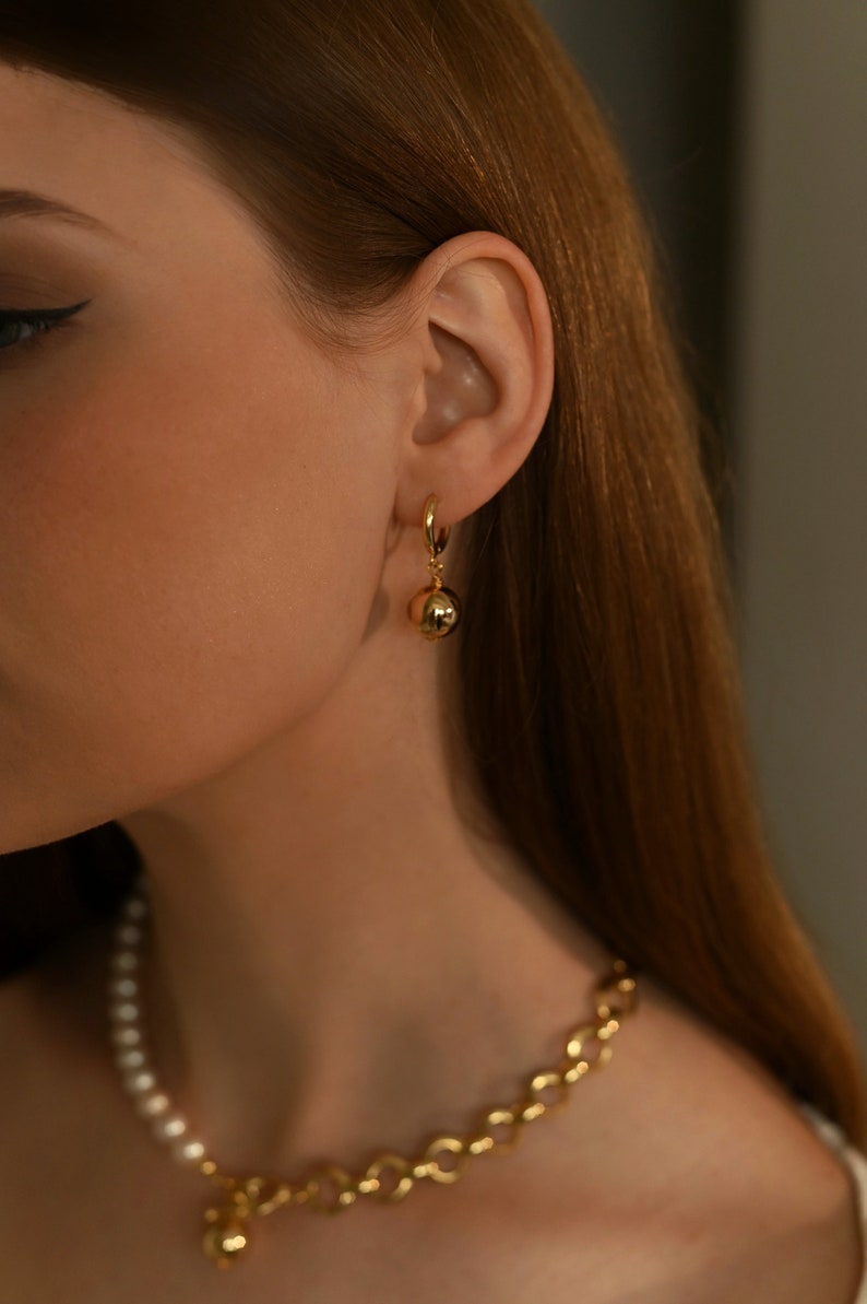 Gold Ball Dangle Earrings, Gold Plated Brass Chunky Earrings for Women Jewelry, Ball Earrings, Wife Birthday Gift, 18k Gold Ball Earrings image 5