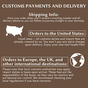 The image is a brown text-based collage that provides information about customs payments and delivery. It includes a map of the United States, a list of customs payment and delivery information, and a note about local customs authorities applying import duties or taxes upon arrival.