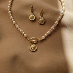 Celestial Pendant Pearl Toggle Necklace and Gold Plated Sun Earrings Set, Wedding Boho Bridal Jewelry, Clean Girl Aesthetic Pearl Choker image 9