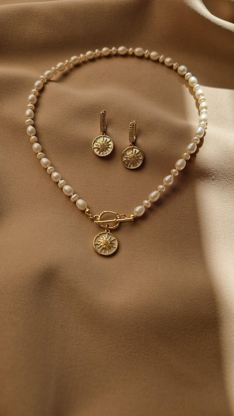 Celestial Pendant Pearl Toggle Necklace and Gold Plated Sun Earrings Set, Wedding Boho Bridal Jewelry, Clean Girl Aesthetic Pearl Choker image 9
