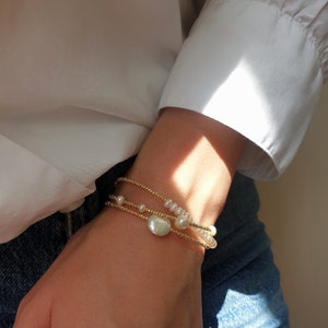Dainty pearl triple bracelt, Pearls bracelet, Gold plated bracelet, Triple bracelet, Bracelet on three chains, Dainty brass bracelet image 5