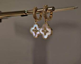 Gold Plated Clover Earrings, Dainty Dangle Drop Earrings, Mother of Pearl Four Leaf Clover Jewelry
