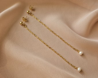 Pearl Drop Earrings, Pearl Dangle Earrings, Long Earrings with Natural Pearl, Bridesmaid Jewelry, Christmas Gift, Chain Dangle Earring