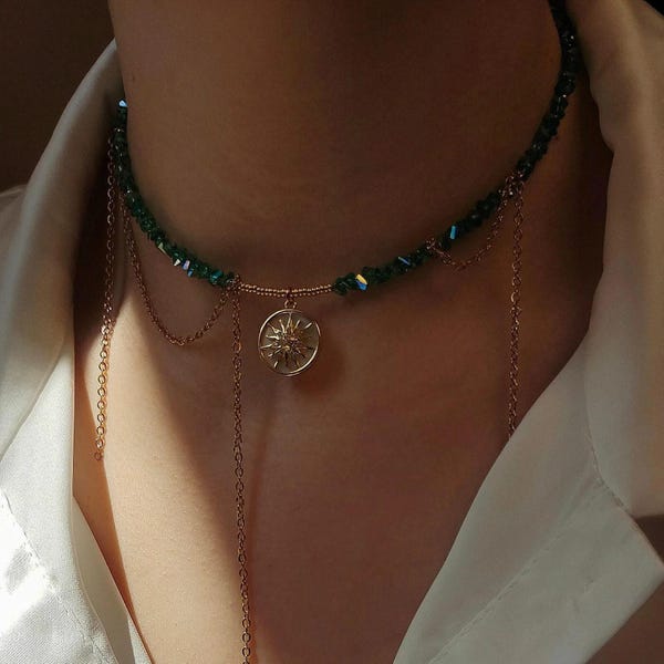 Celestial pendant necklace, green crystal choker, sun charm necklace, bohemian jewelry