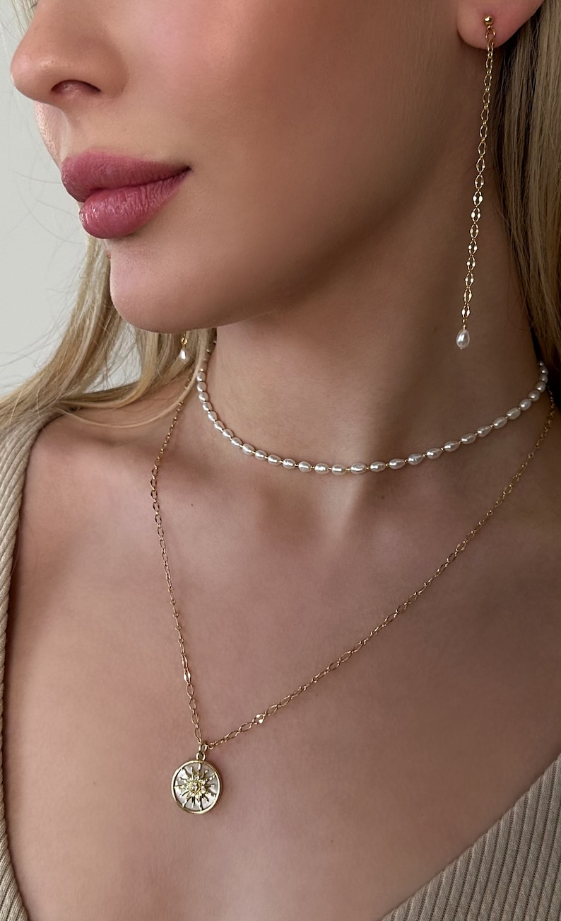 Layered Necklace Set Pearl Choker and Sun Pendant Long Chain Necklace, Long Gold Earrings with Pearl, Dainty Jewelry for Her Birthday Gift image 2