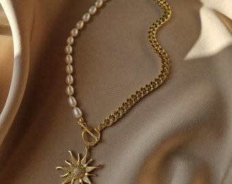 Sun Pendant Necklace with Pearls and Chain, Gold Plated Radiant Sun Charm Necklace, Sunshine Pendant Necklace Unique Women Jewelry