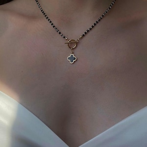 Clover Pendant Black Spinel Necklace with Toggle Clasp Cubic Zirconia Stones