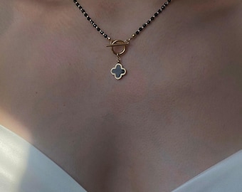 Clover Pendant Black Spinel Necklace with Toggle Clasp Cubic Zirconia Stones, Four Leaf Clover Spiritual Jewelry
