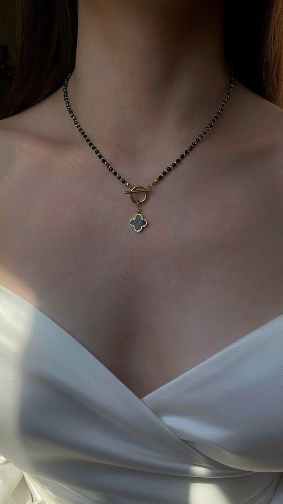 Clover Pendant Black Spinel Necklace with Toggle Clasp Cubic Zirconia Stones, Four Leaf Clover Spiritual Jewelry