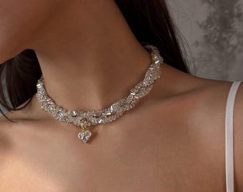 Gargantilla de cristal trenzado con colgante de corazón, pendientes de corazón de cristal para boda, conjunto de joyería nupcial bohemia, regalo de aniversario para esposa