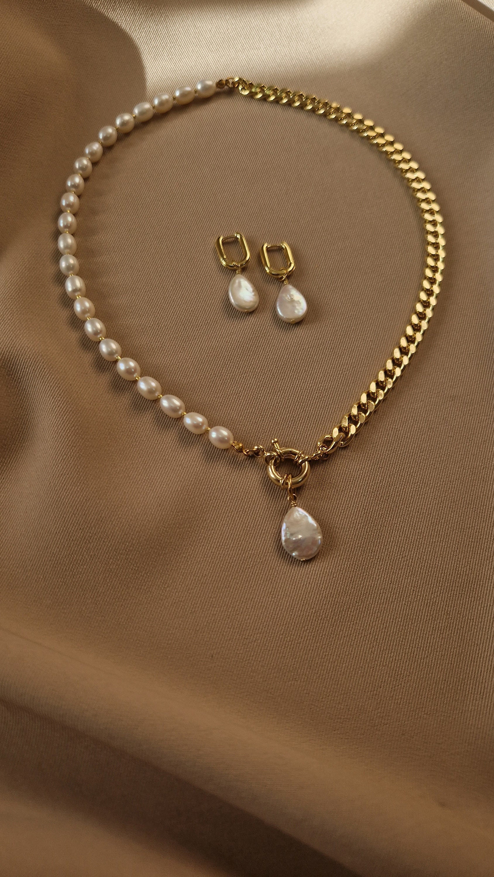 Pearl Chain Necklace Real Pearl Pendant Half Pearl Half Chain Necklace Freshwater Pearl Baroque Pearl Dangle Earrings Anniversary Gift Her