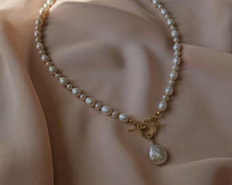 Toggle Bar Pearl Necklace with Baroque Pearl Pendant, Wedding Bridal Jewelry, Wife Anniversary Gift