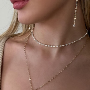 Layered Necklace Set - Pearl Choker and Sun Pendant Long Chain Necklace, Long Gold Earrings with Pearl, Dainty Jewelry for Her Birthday Gift image 2