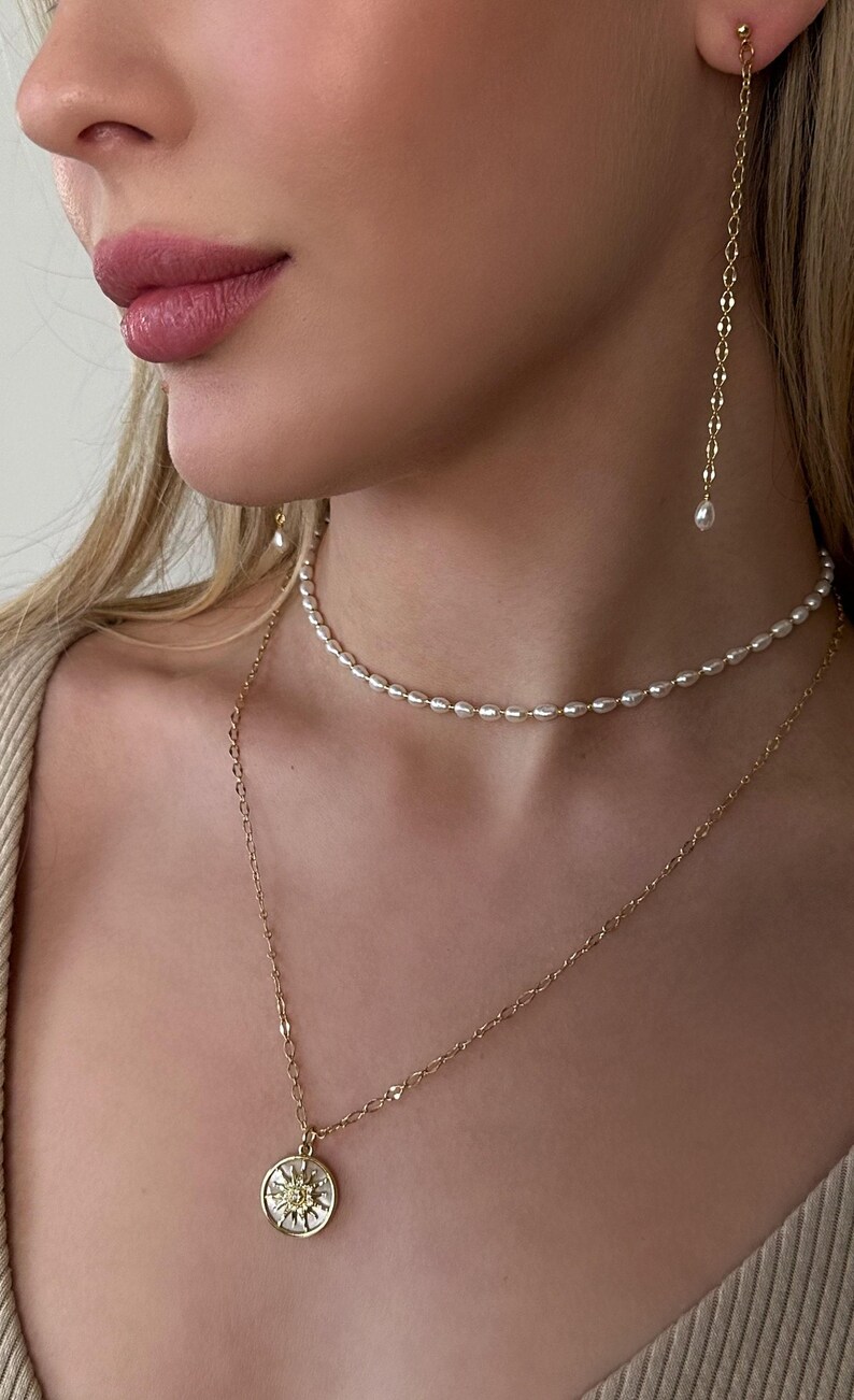 Layered Necklace Set - Pearl Choker and Sun Pendant Long Chain Necklace, Long Gold Earrings with Pearl, Dainty Jewelry for Her Birthday Gift image 2