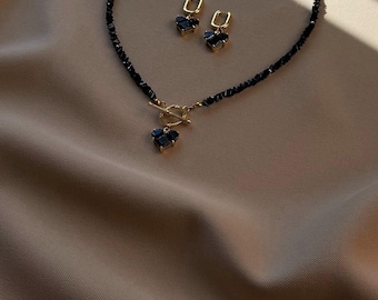 Heart Pendant Crystal Choker Necklace with Toggle Clasp, Dangle Heart Earrings