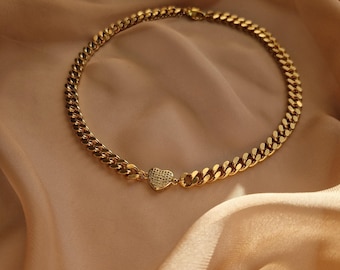 Gold Plated Curb Chain Chocker Necklace with Heart Charm