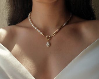 Baroque Pearl Necklace Toggle Clasp, Chain and Pearl Pendant Necklace, Freshwater Pearls Jewelry Anniversary Gift for Wife, Dainty Necklace
