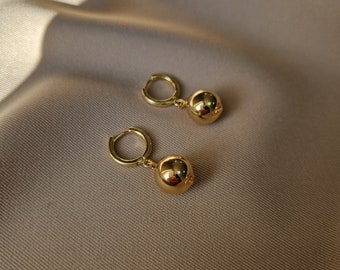 Gold Ball Dangle Earrings, Gold Plated Brass Chunky Earrings for Women Jewelry, Ball Earrings, Wife Birthday Gift, 18k Gold Ball Earrings