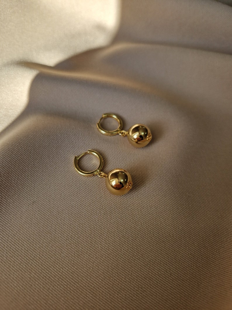 Gold Ball Dangle Earrings, Gold Plated Brass Chunky Earrings for Women Jewelry, Ball Earrings, Wife Birthday Gift, 18k Gold Ball Earrings image 1