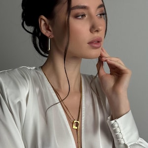 Art Deco Y Necklace for Rehearsal Dinner & Gold Lariat Stud Set image 11