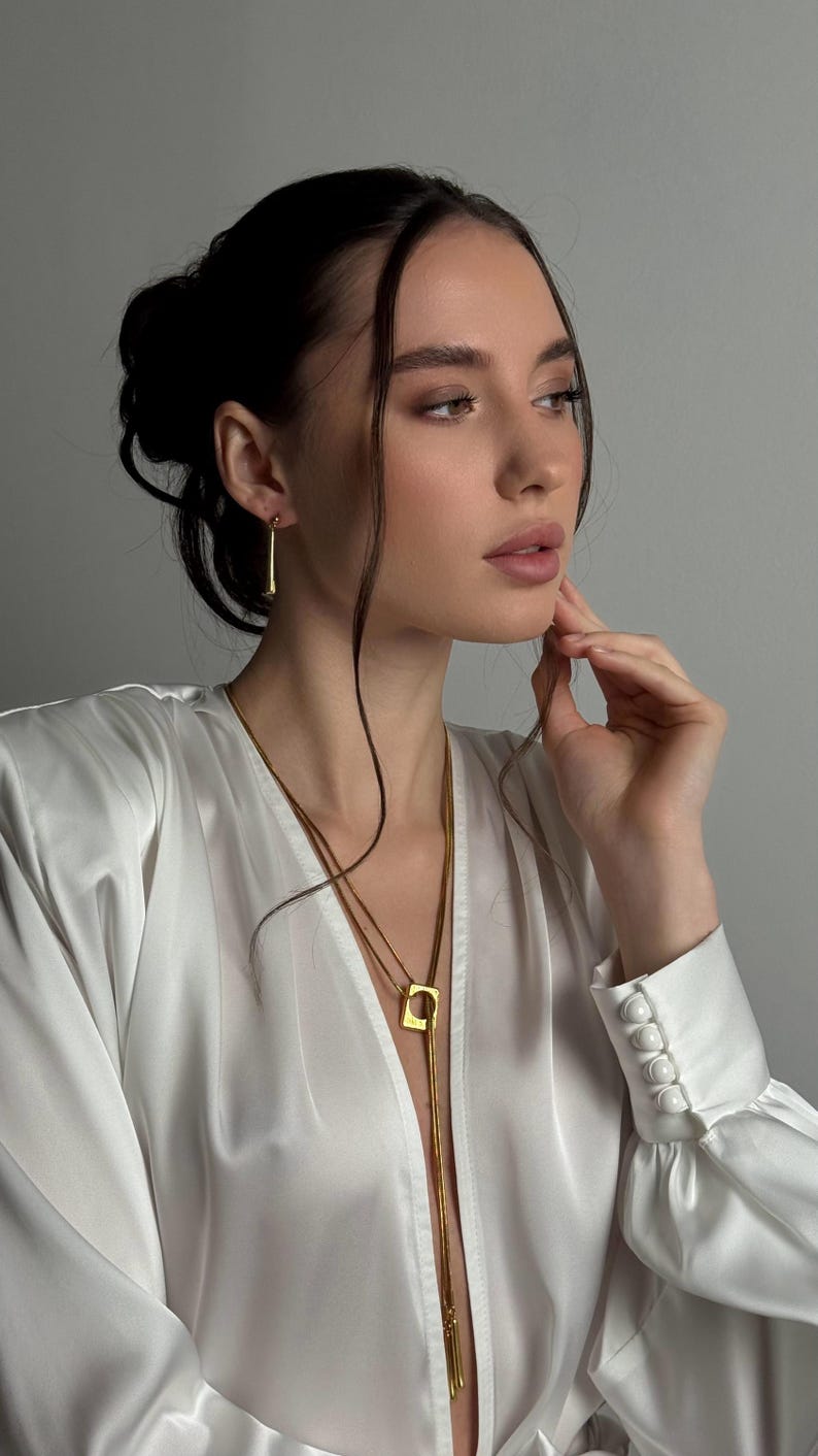 Art Deco Y Necklace for Rehearsal Dinner & Gold Lariat Stud Set image 11