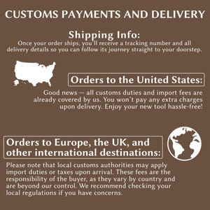 The image is a brown text-based collage that provides information about customs payments and delivery. It includes a map of the United States, a list of customs payment and delivery information, and a note about local customs authorities applying import duties or taxes upon arrival.
