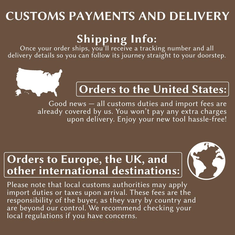 The image is a brown text-based collage that provides information about customs payments and delivery. It includes a map of the United States, a list of customs payment and delivery information, and a note about local customs authorities applying import duties or taxes upon arrival.