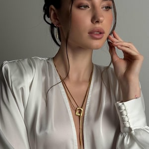 Art Deco Y Necklace for Rehearsal Dinner & Gold Lariat Stud Set image 7