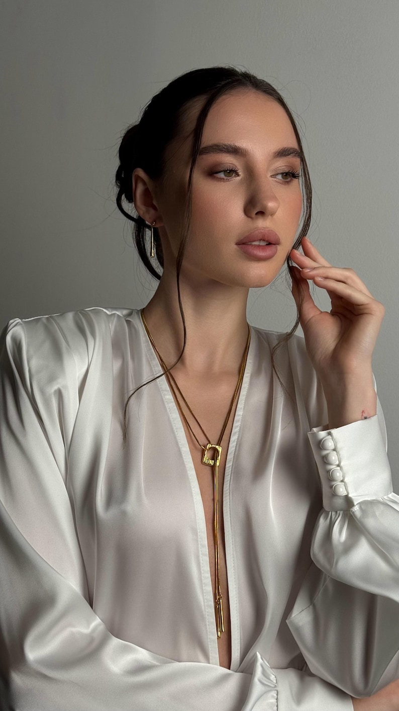 Art Deco Y Necklace for Rehearsal Dinner & Gold Lariat Stud Set image 7